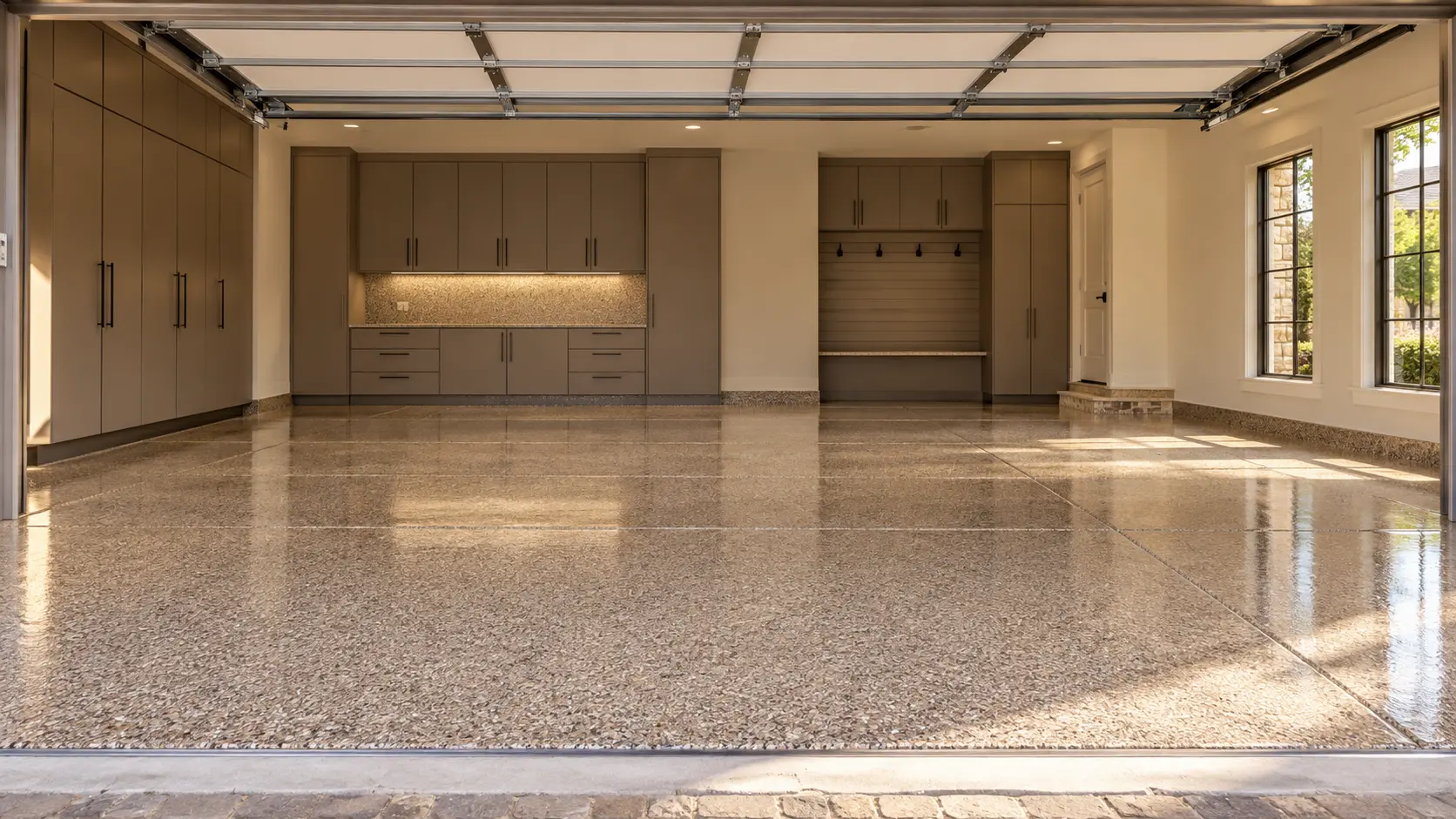 Warm three-car garage with a decorative coated concrete floor